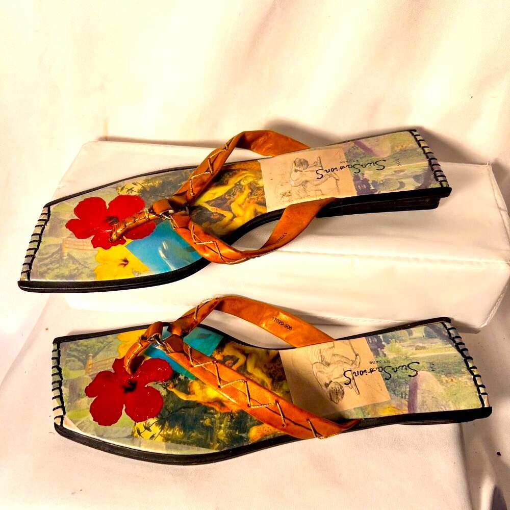 SunSations By Jade-Brazil-Leather Toe Sandals-Square Toe/Heel-Hibiscus-Sz. 11